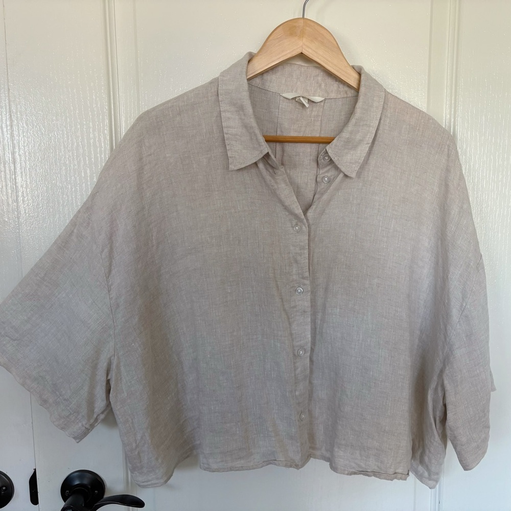 💯% Linen Oversized Short Sleeves Light Beige Taupe Bone Colour Cropped Shirt XXL